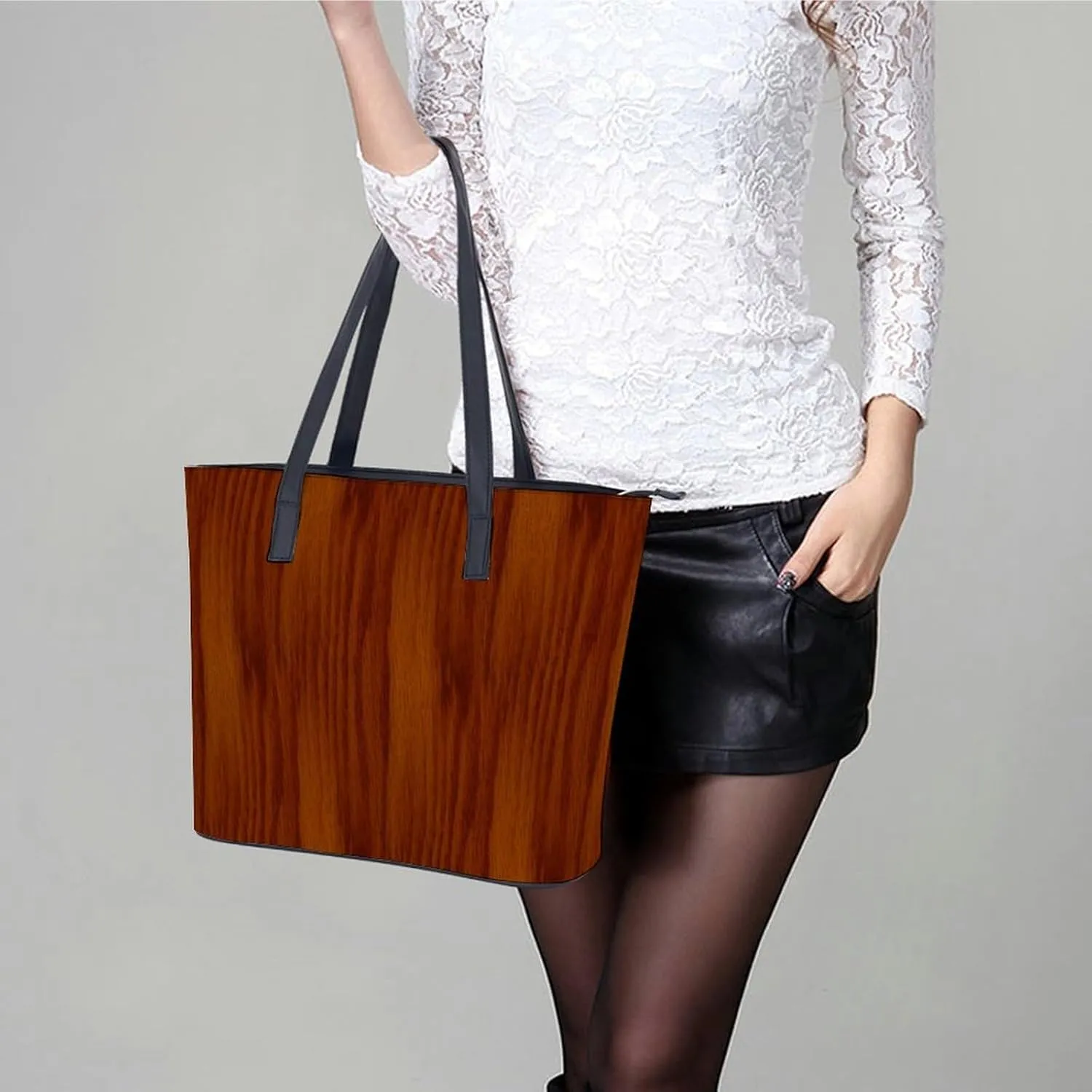 Wooden Wood Planks Large Capacity Portable Leather Handbag