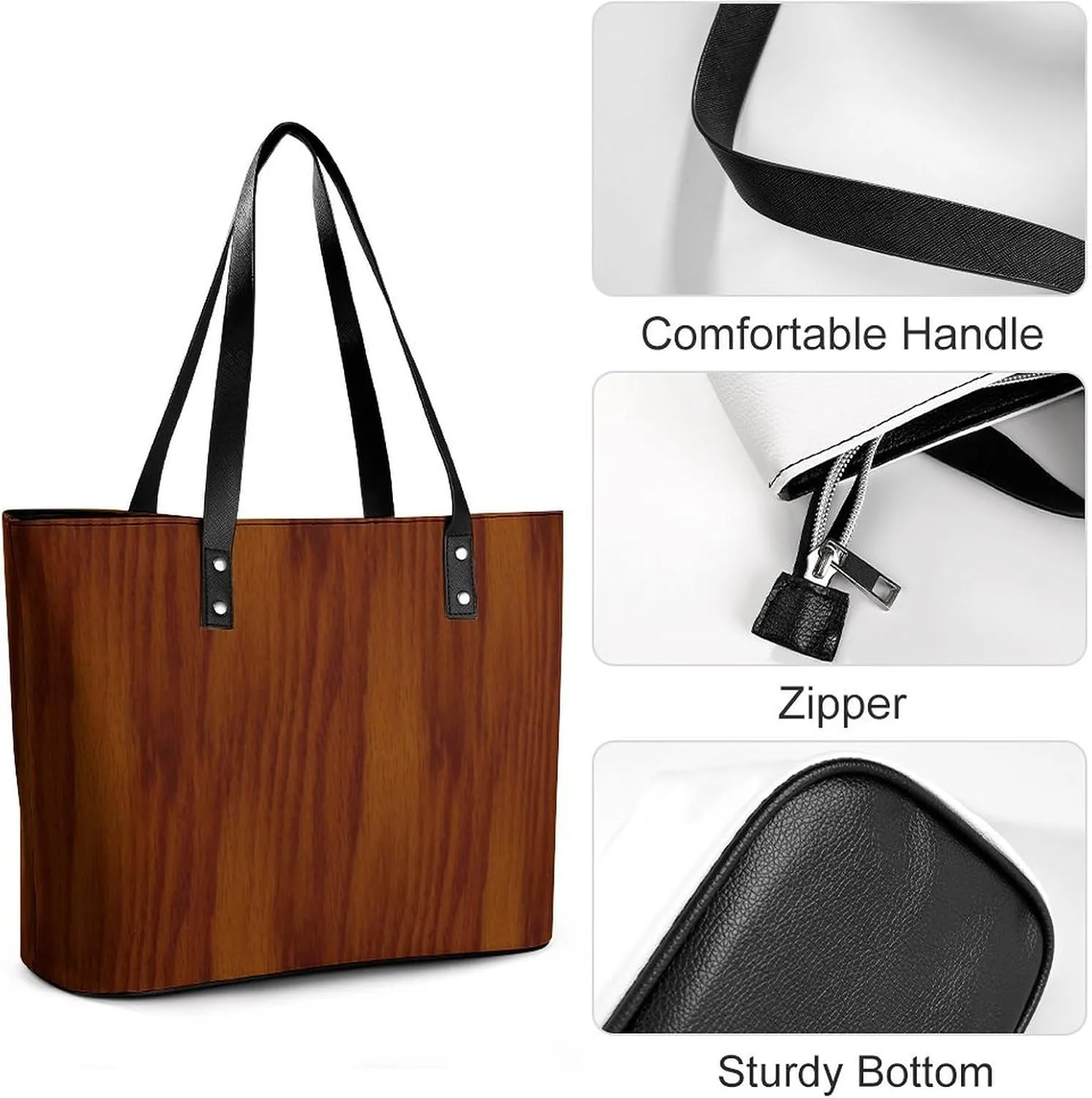 Wooden Wood Planks Large Capacity Portable Leather Handbag