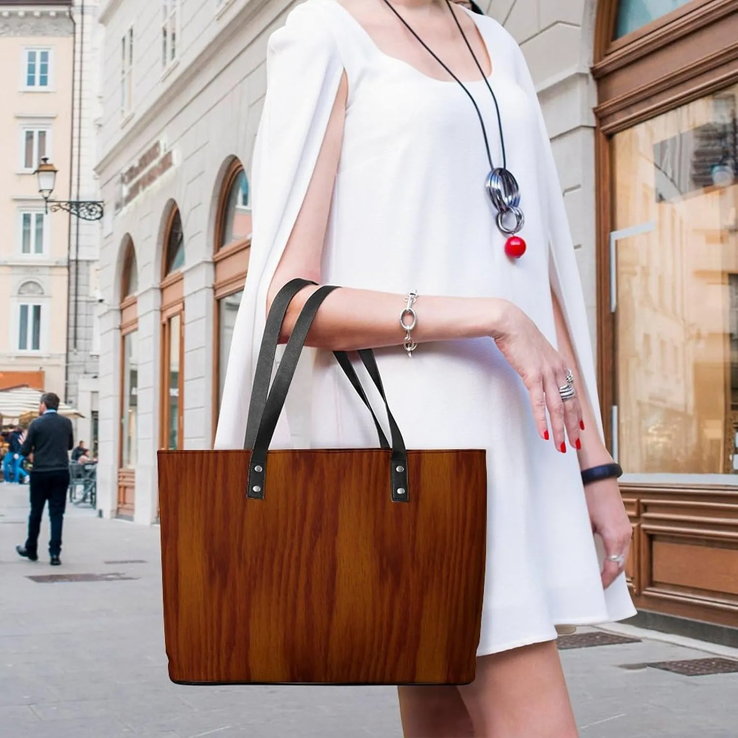 Wooden Wood Planks Large Capacity Portable Leather Handbag
