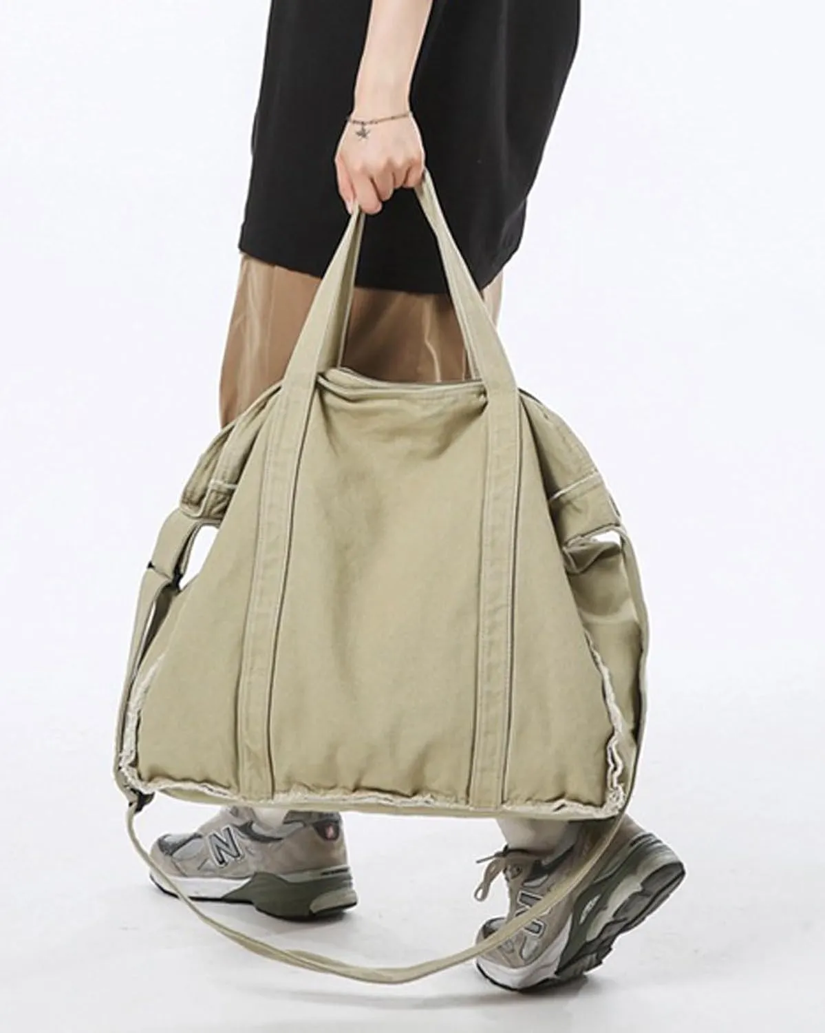 Work Large Tote Bags for Men Women Fringed Raw Hem Canvas Crossbody Messenger Bag, Khaki