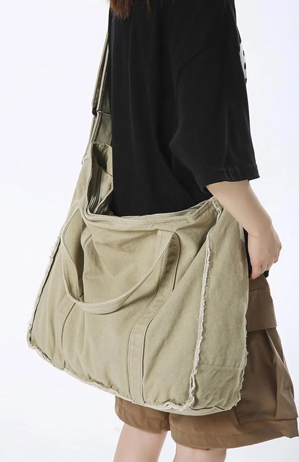 Work Large Tote Bags for Men Women Fringed Raw Hem Canvas Crossbody Messenger Bag, Khaki