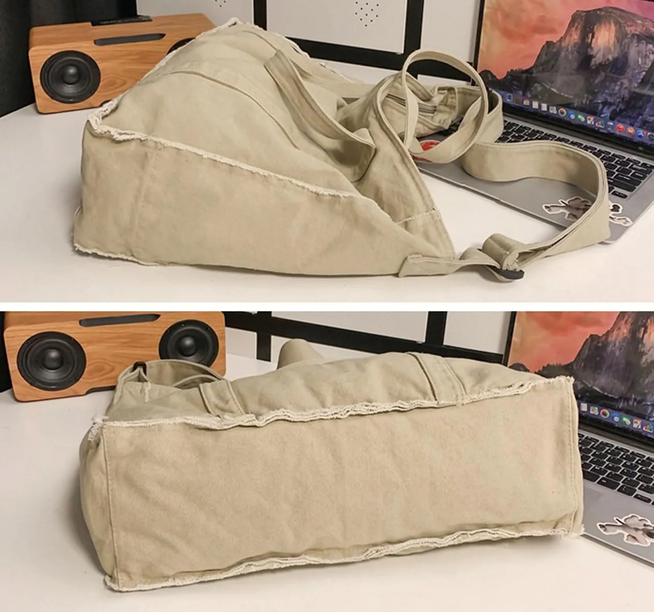 Work Large Tote Bags for Men Women Fringed Raw Hem Canvas Crossbody Messenger Bag, Khaki