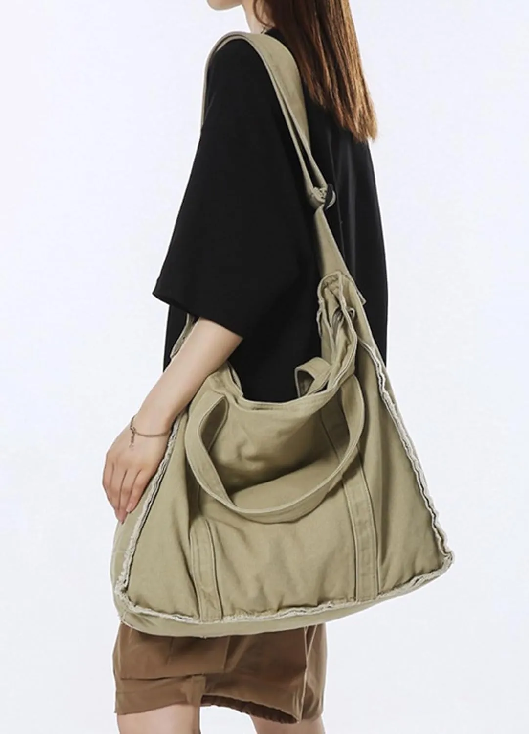 Work Large Tote Bags for Men Women Fringed Raw Hem Canvas Crossbody Messenger Bag, Khaki