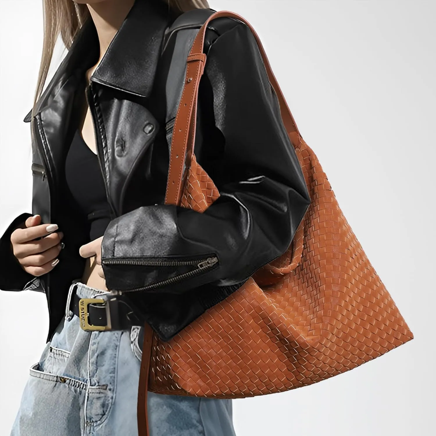 Woven Bag for Women, Vegan Leather Tote Bags Large Hobo Purses for Women Handmade Shoulder Bag with Adjustable Strap