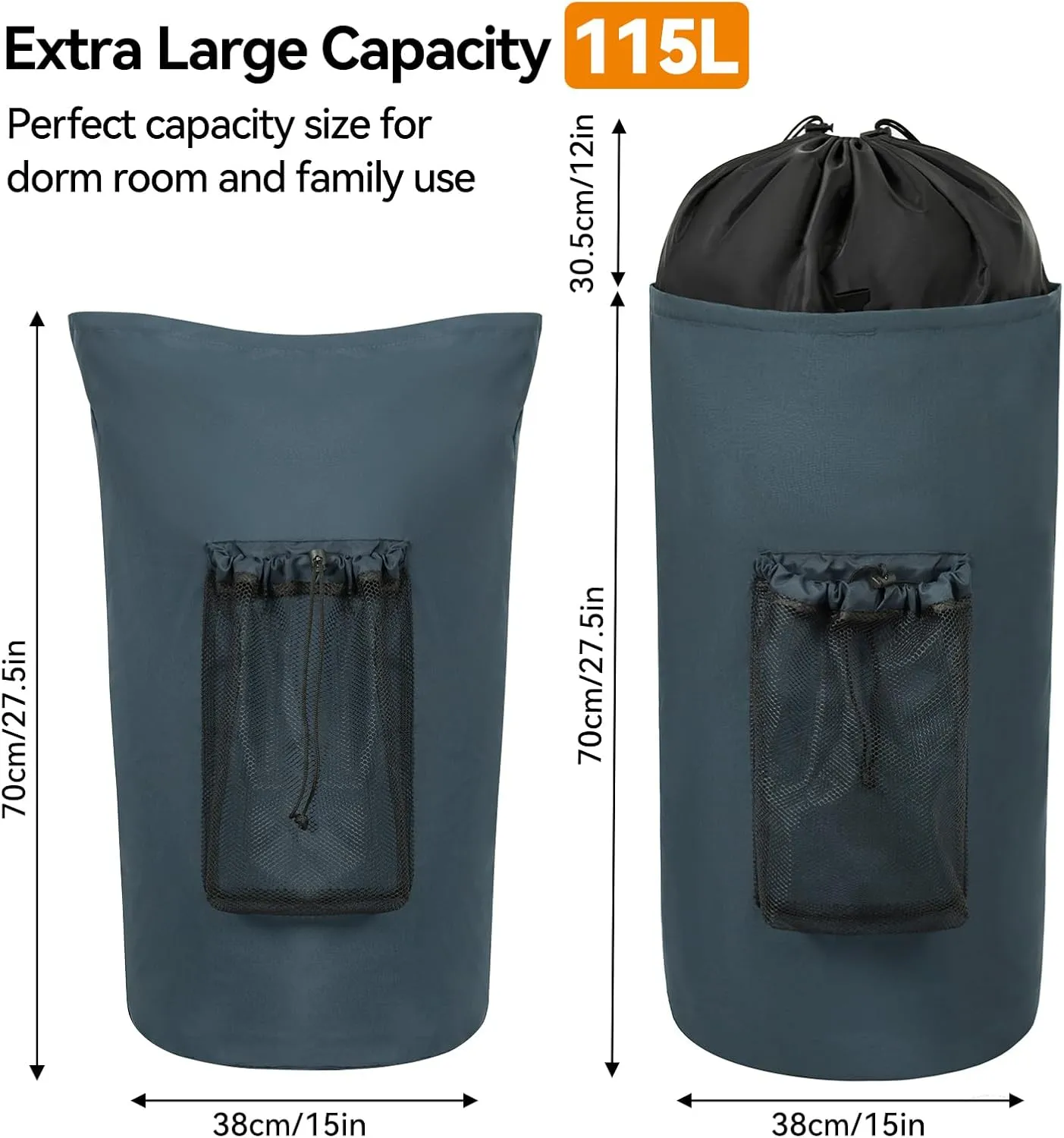 WOWLIVE Laundry Bag Backpack,115L Extra Large Travel Laundry Hamper Bag with Mesh Pocket & Adjustable Shoulder Straps Laundry basket bag for College Dorm,Laundromat,Apartment,Students (Dark Grey)