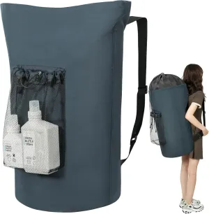 WOWLIVE Laundry Bag Backpack,115L Extra Large Travel Laundry Hamper Bag with Mesh Pocket & Adjustable Shoulder Straps Laundry basket bag for College Dorm,Laundromat,Apartment,Students (Dark Grey)