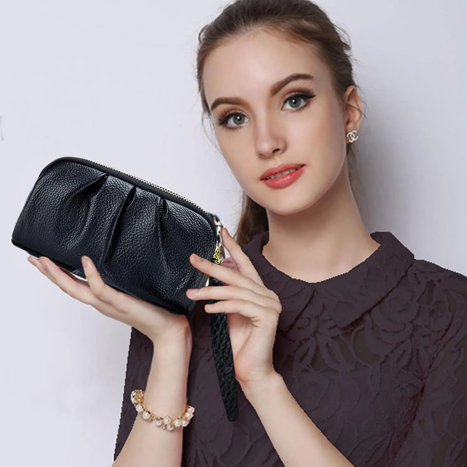 Wristlet Wallets for Women Genuine Leather Wristlet Purses Ladies Ruched Wristlet Clutch Wallet Purses