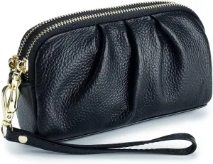 Wristlet Wallets for Women Genuine Leather Wristlet Purses Ladies Ruched Wristlet Clutch Wallet Purses
