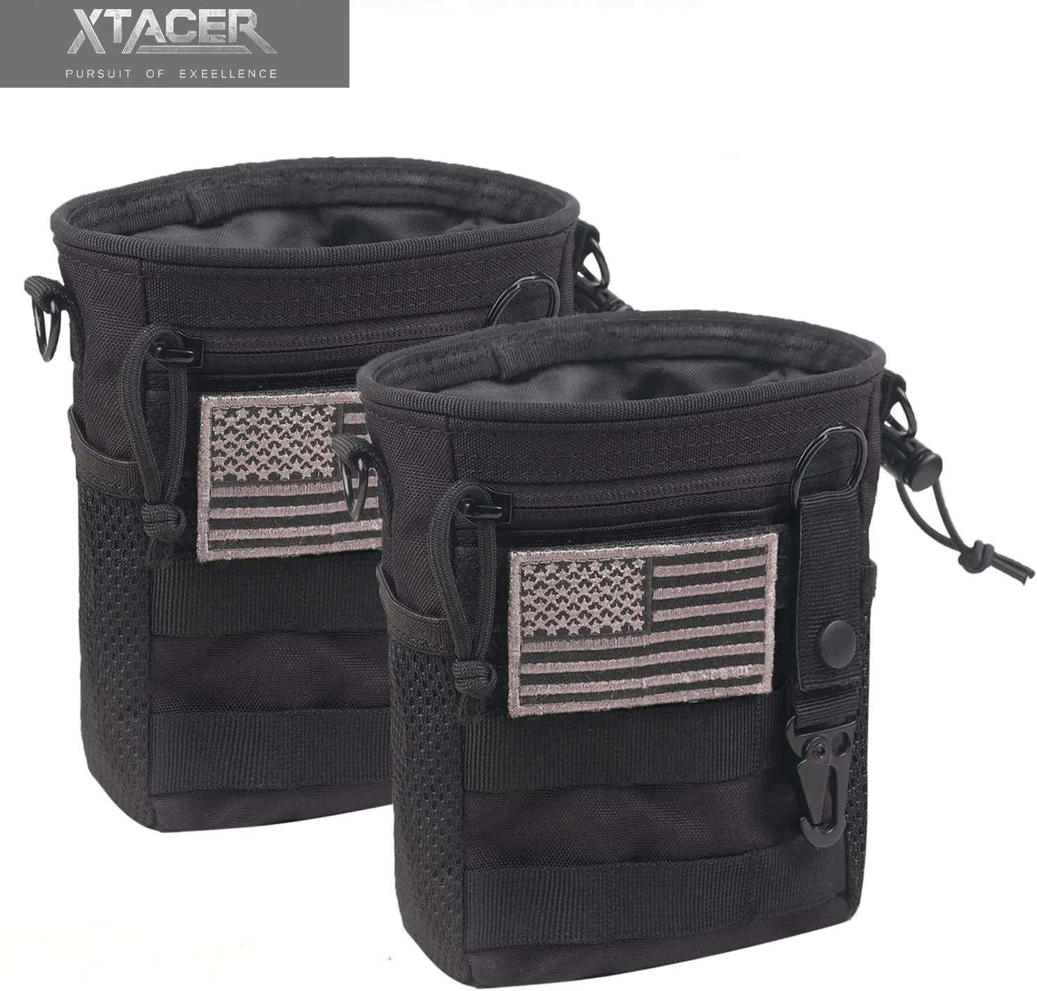 XTACER Molle Dump Pouch, Recycled Storage Drawstring Packs Magazine Bag for Range Shooting, Tactical Duty Belts, with USA Flag Patch and Belt Keychain