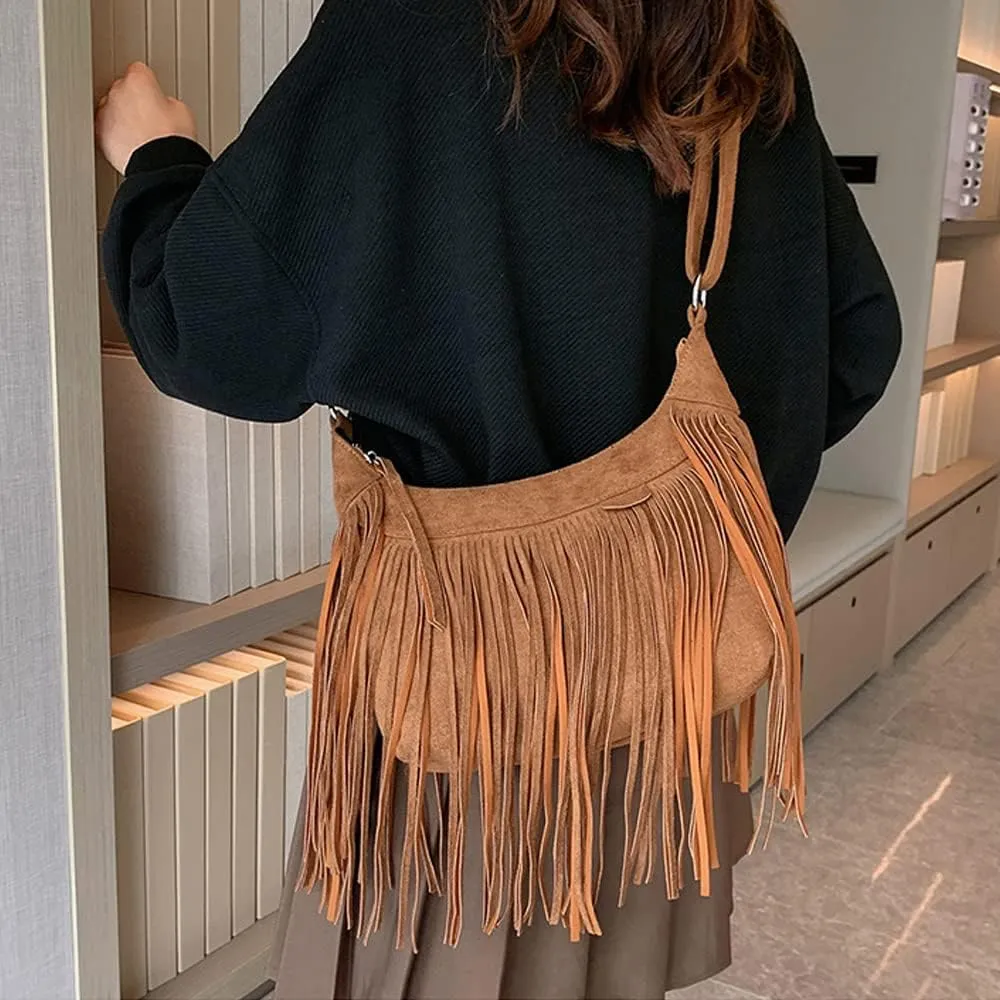 XXGJOALD-Fringe Crossbody Bag for Women Vintage Suede Hobo Purse Handbags Shoulder Bag Bohemian Messenger Bags Zip Satchel