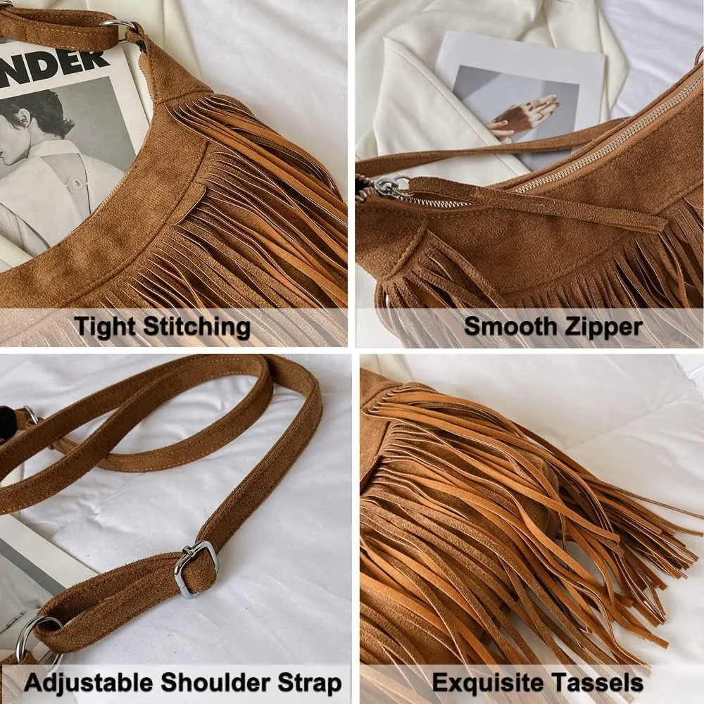XXGJOALD-Fringe Crossbody Bag for Women Vintage Suede Hobo Purse Handbags Shoulder Bag Bohemian Messenger Bags Zip Satchel