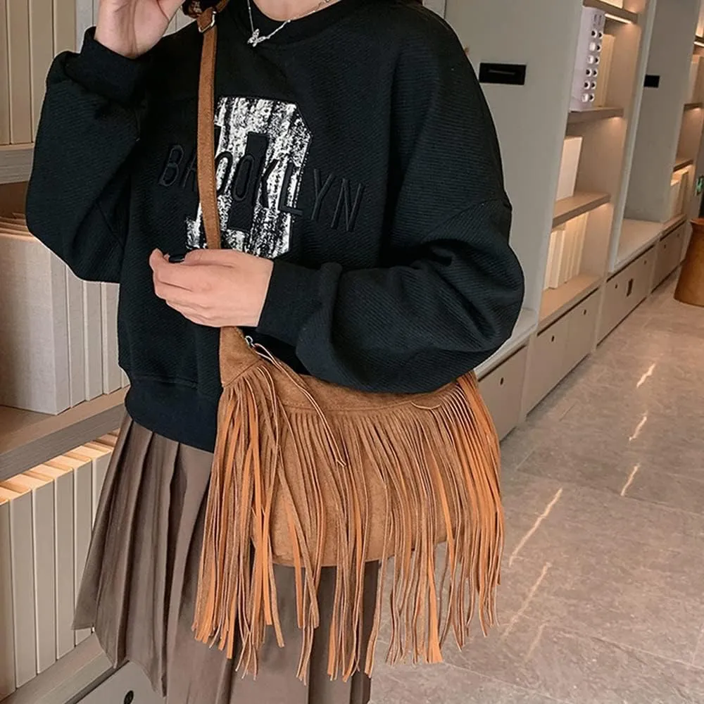 XXGJOALD-Fringe Crossbody Bag for Women Vintage Suede Hobo Purse Handbags Shoulder Bag Bohemian Messenger Bags Zip Satchel