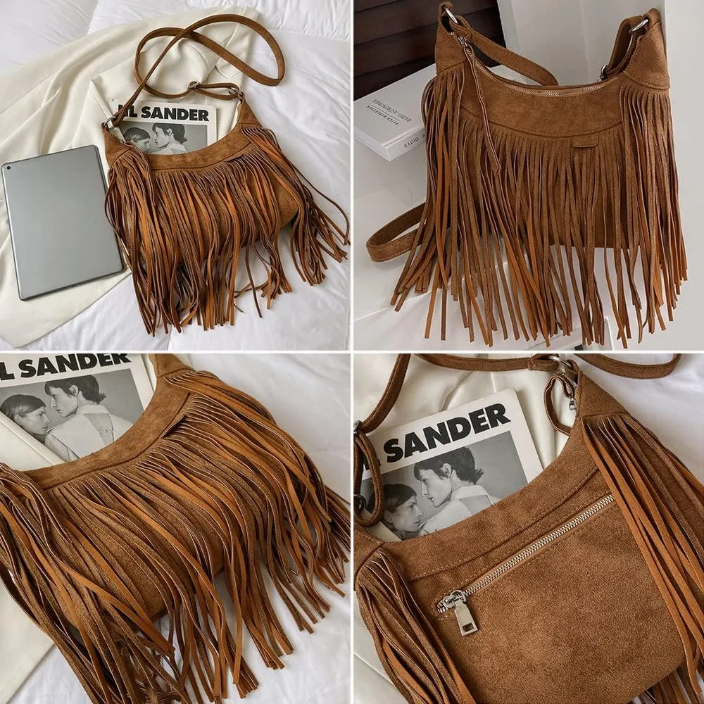 XXGJOALD-Fringe Crossbody Bag for Women Vintage Suede Hobo Purse Handbags Shoulder Bag Bohemian Messenger Bags Zip Satchel