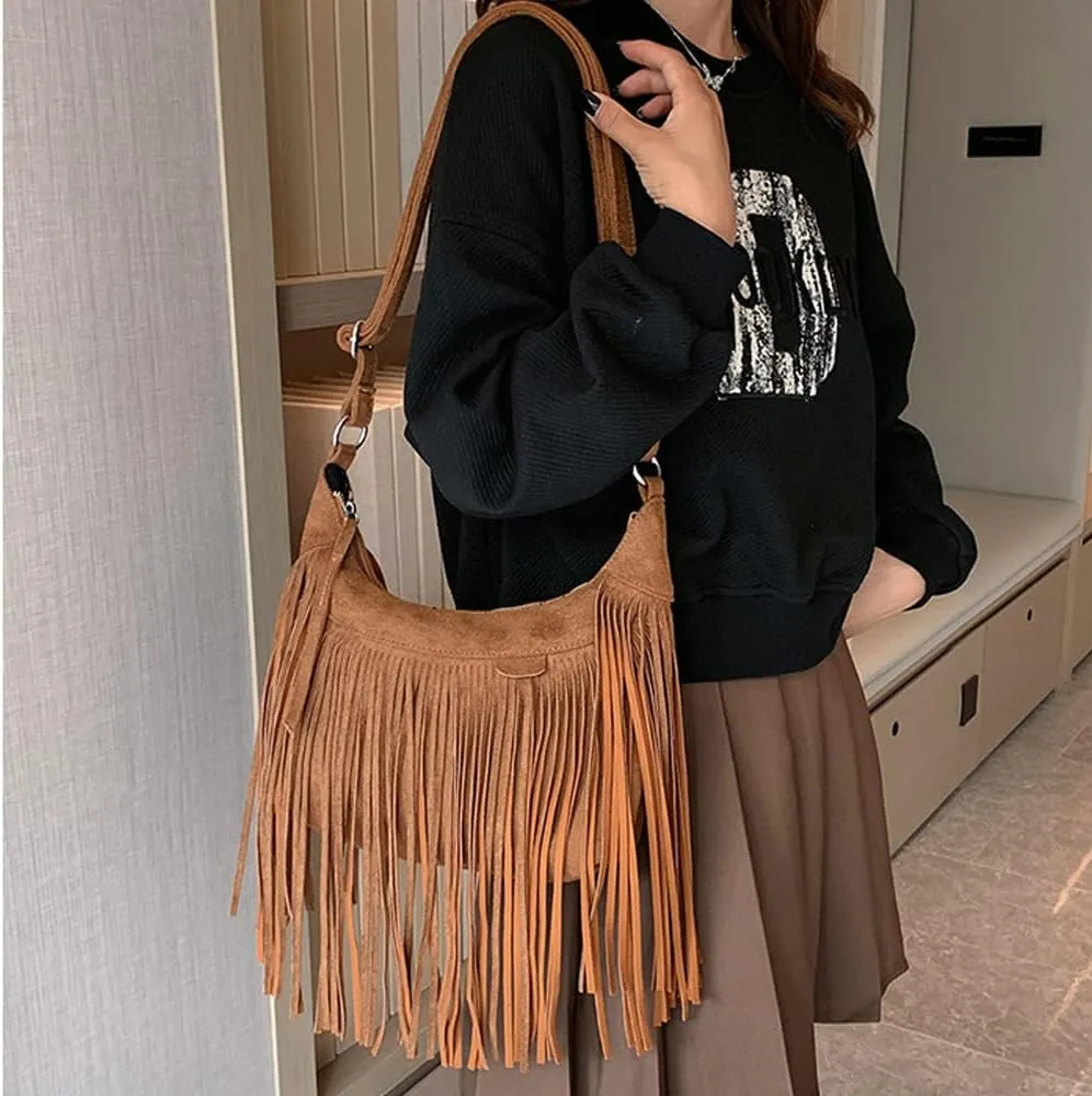 XXGJOALD-Fringe Crossbody Bag for Women Vintage Suede Hobo Purse Handbags Shoulder Bag Bohemian Messenger Bags Zip Satchel