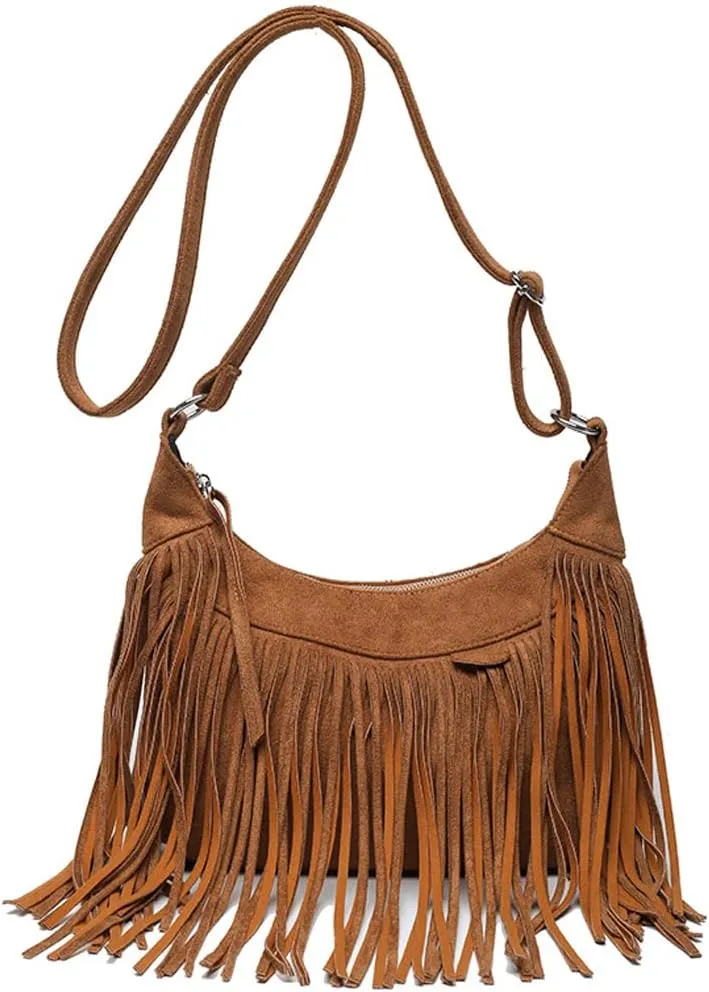 XXGJOALD-Fringe Crossbody Bag for Women Vintage Suede Hobo Purse Handbags Shoulder Bag Bohemian Messenger Bags Zip Satchel