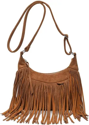 XXGJOALD-Fringe Crossbody Bag for Women Vintage Suede Hobo Purse Handbags Shoulder Bag Bohemian Messenger Bags Zip Satchel