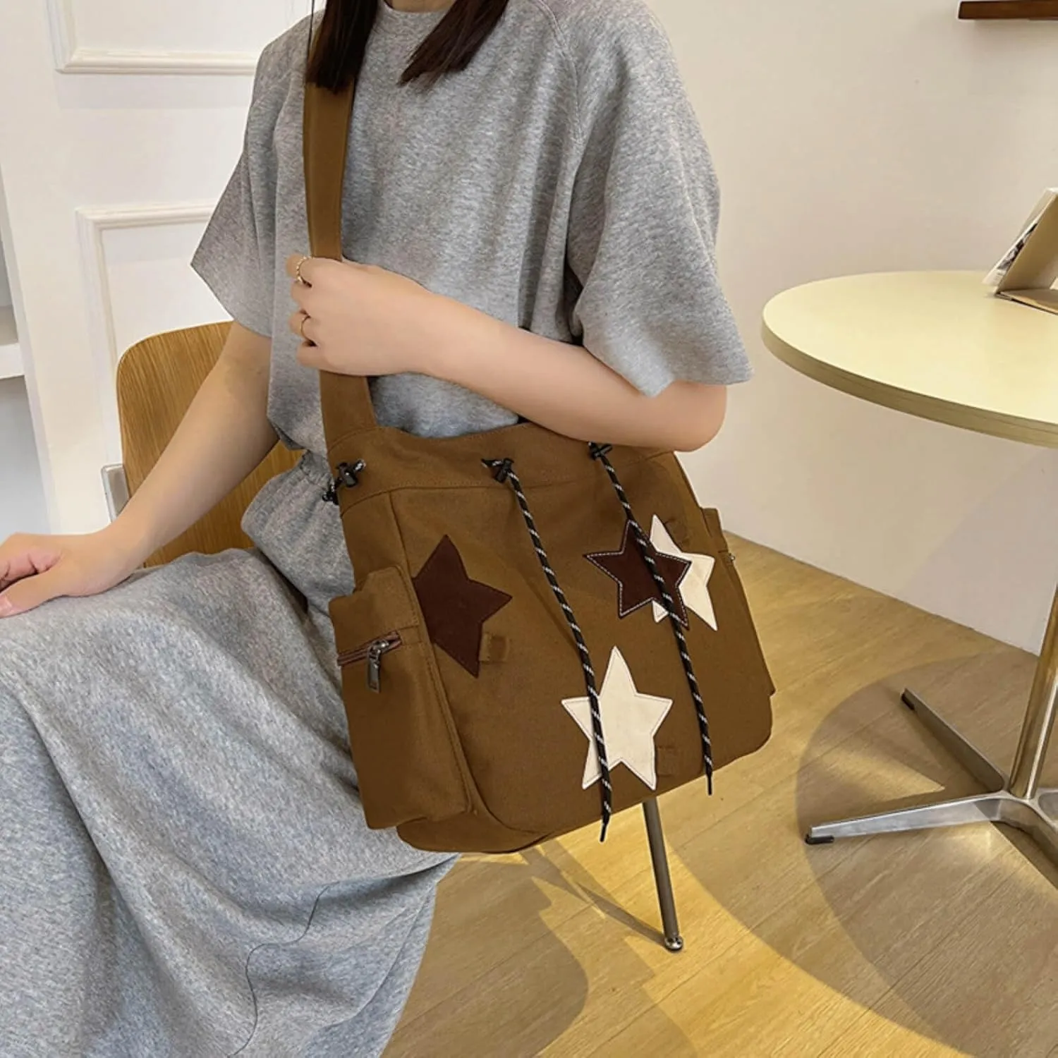 Y2K Star Canvas Messenger Bag, Cute Tote Bags Aesthetic, Small Shoulder Travel Crossbody Bags For Women