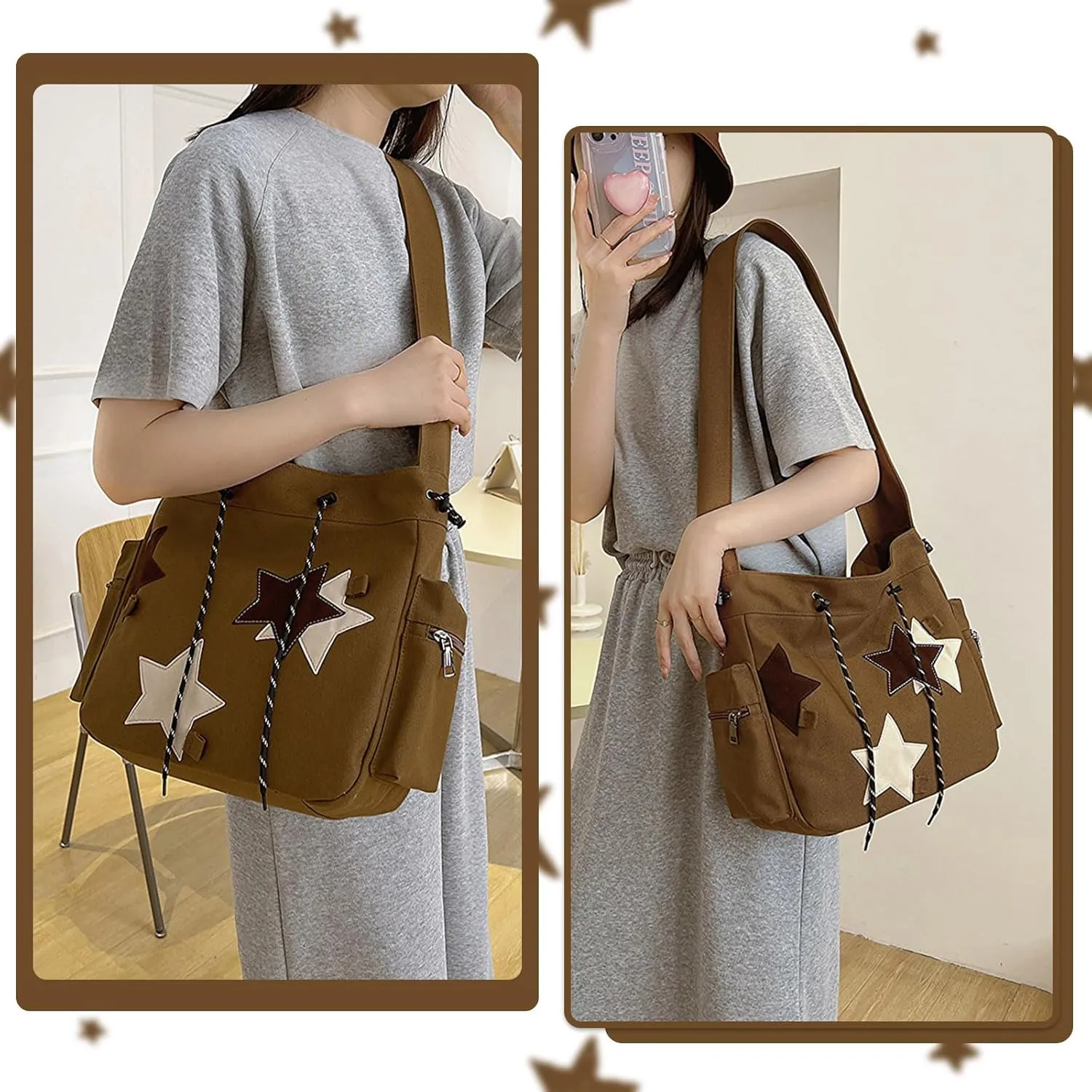 Y2K Star Messenger Bag - Aesthetic Canvas Crossbody Bag, Kawaii Tote with Zipper for Women