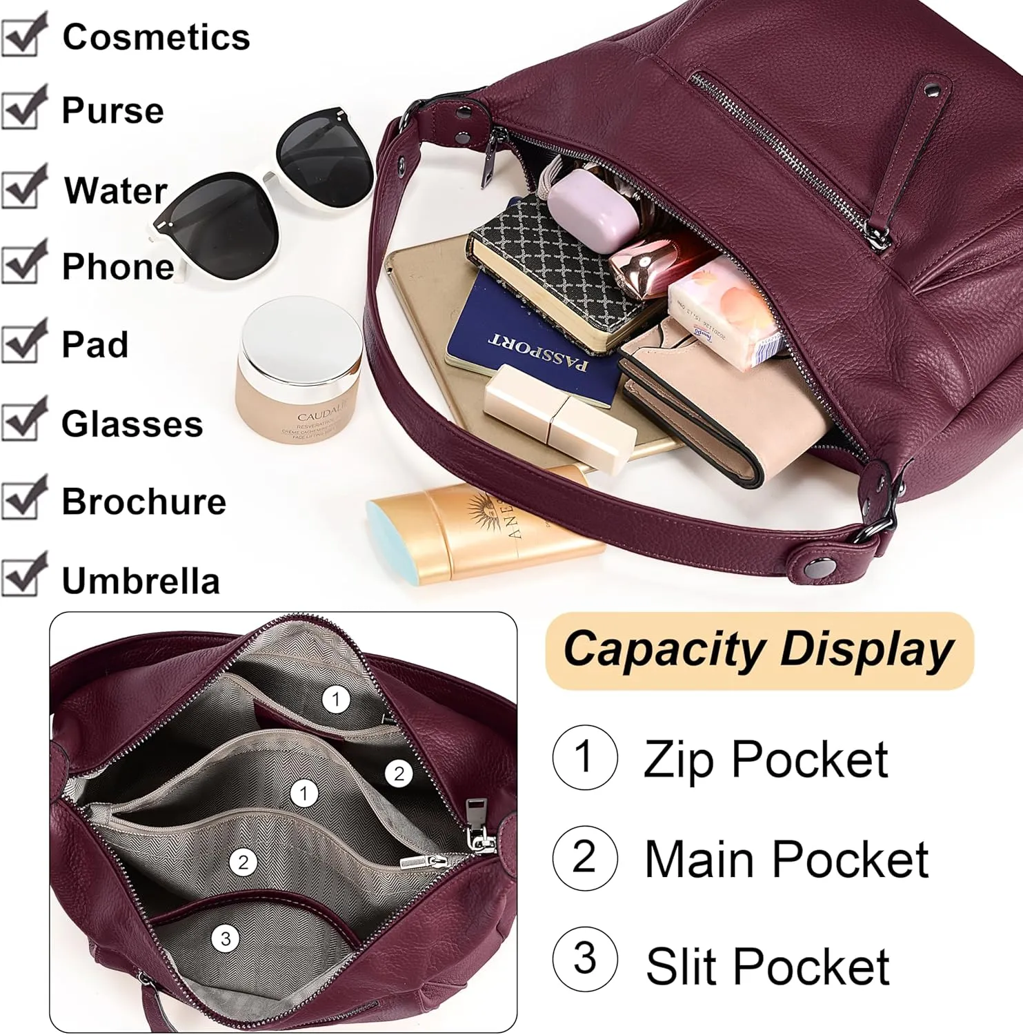 YALUXE Genuine Cowhide Leather Shoulder Bag Convertible Handbag Purse for Women