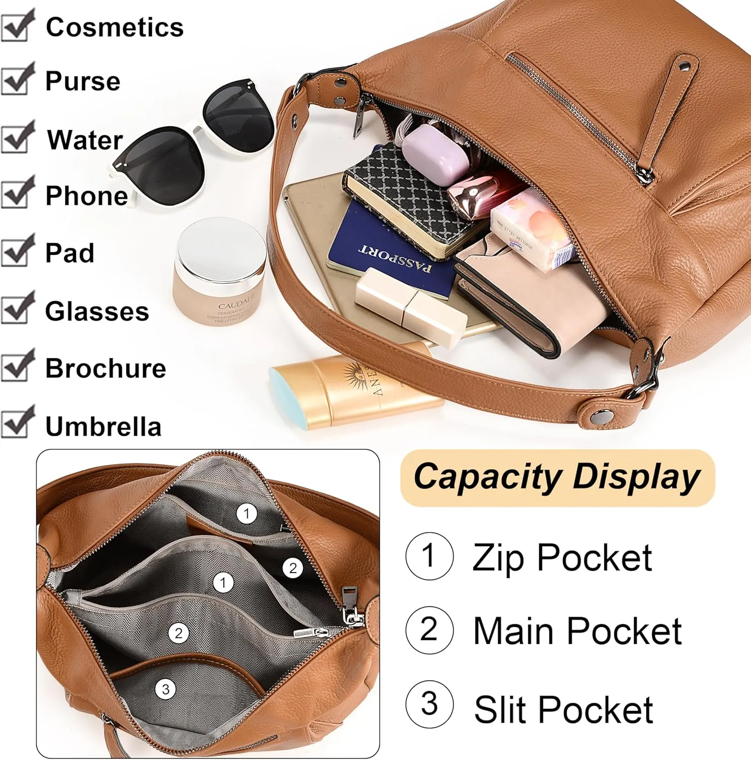 YALUXE Genuine Cowhide Leather Shoulder Bag Convertible Handbag Purse for Women