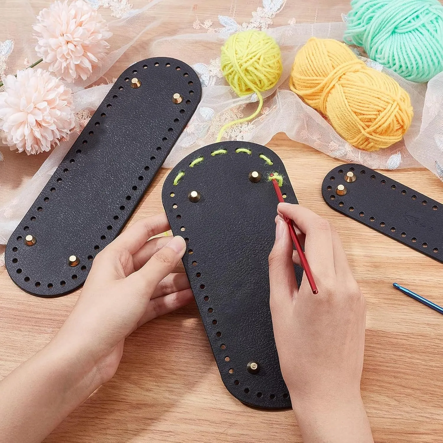 Yayatty 7-Piece PU Leather Bag Bottoms for DIY Handbag Making - Black Oval Knitting Bags with Crochet for Shoulder Bags
