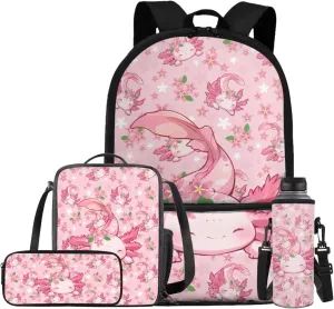 YEXIATODO Pink Axolotl Backpack Set Toddler 4 Pcs Kawaii Elementary Bookbag with Lunch Box Large Capacity Cute School Bags for 3rd 4th 5th Grade Travel Rucksacks Student Bookbag