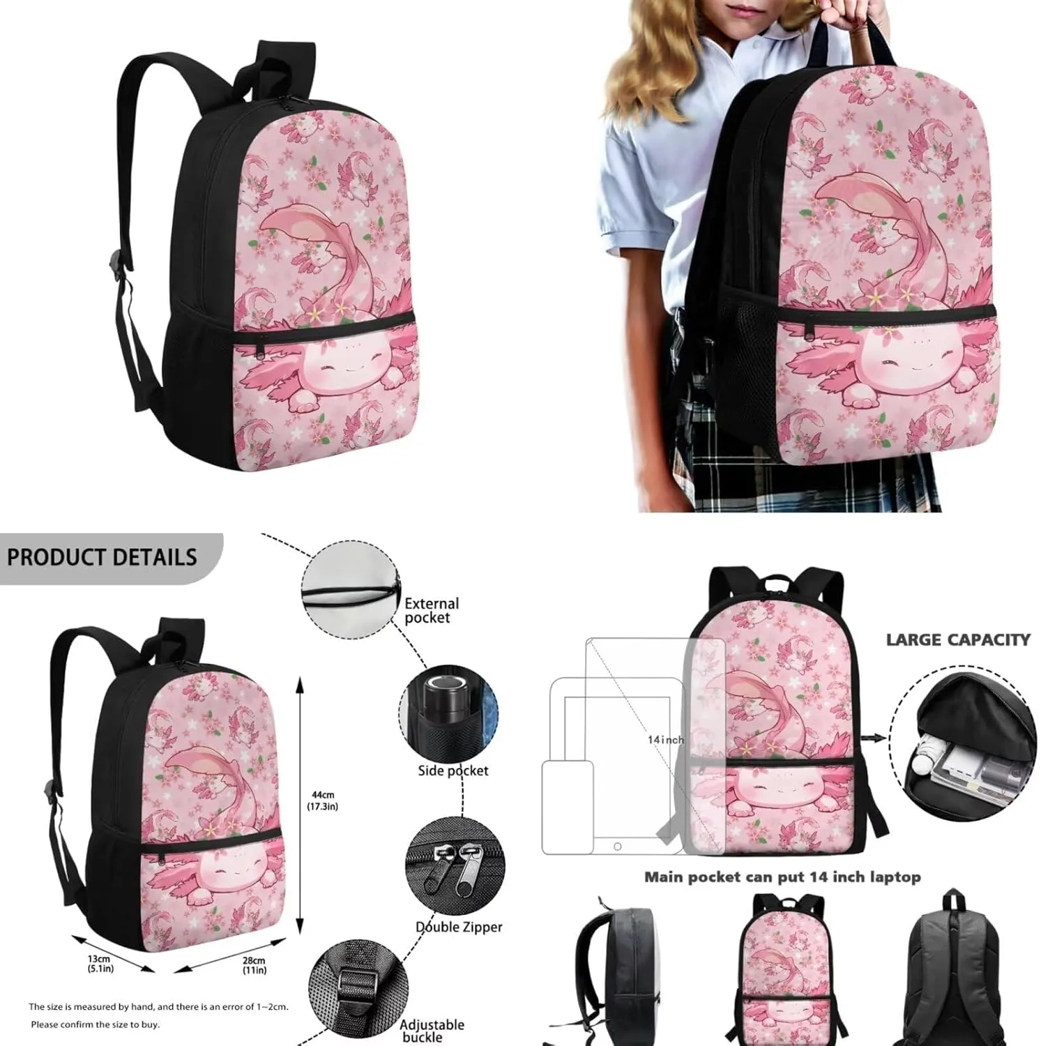 YEXIATODO Pink Axolotl Backpack Set Toddler 4 Pcs Kawaii Elementary Bookbag with Lunch Box Large Capacity Cute School Bags for 3rd 4th 5th Grade Travel Rucksacks Student Bookbag