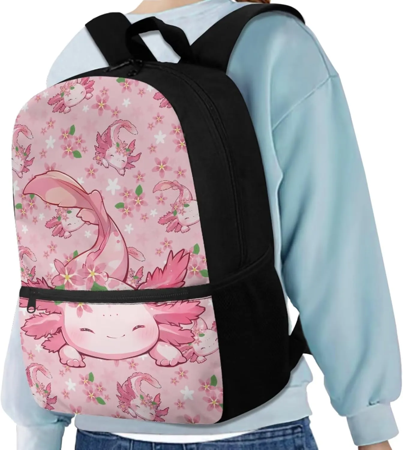 YEXIATODO Pink Axolotl Backpack Set Toddler 4 Pcs Kawaii Elementary Bookbag with Lunch Box Large Capacity Cute School Bags for 3rd 4th 5th Grade Travel Rucksacks Student Bookbag