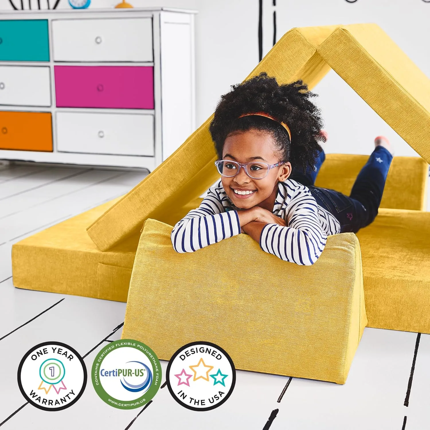 Yourigami Kids and Toddler Play Couch, Convertible Folding Sofa, Durable Foam Modular Design, Sunflower Yellow XL