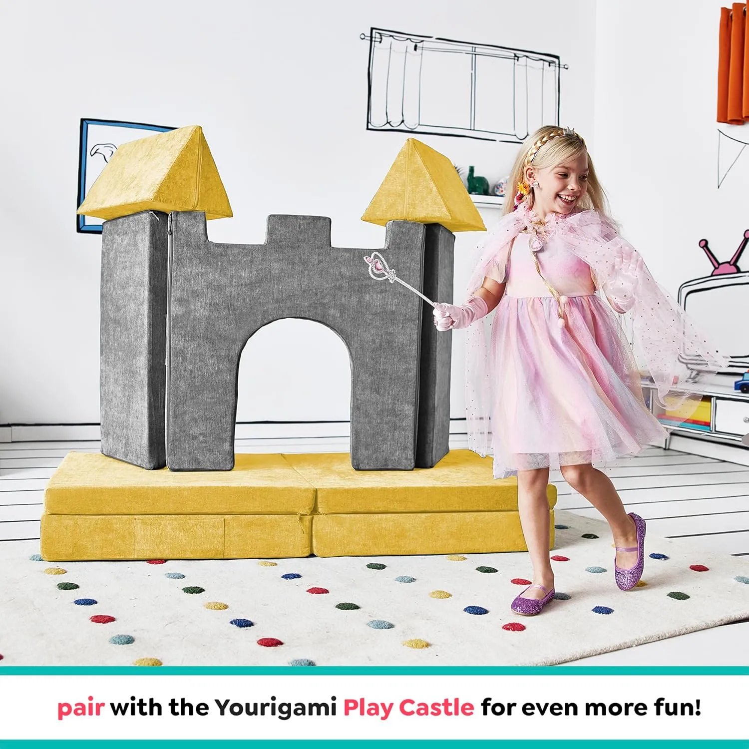 Yourigami Kids and Toddler Play Couch, Convertible Folding Sofa, Durable Foam Modular Design, Sunflower Yellow XL