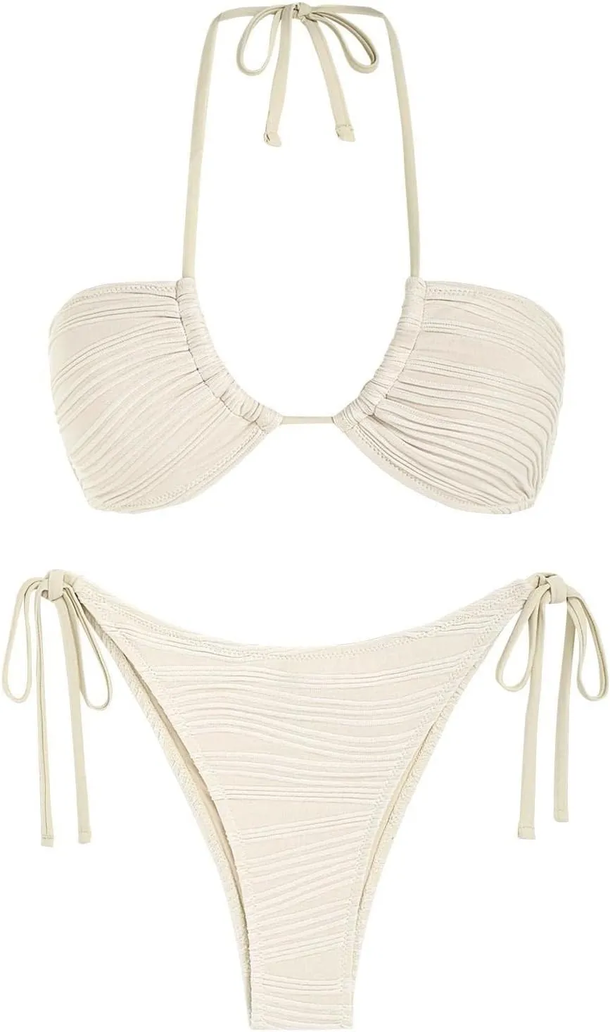 ZAFUL Women's Bandeau Bikini Set O Ring Strapless Swimsuit Tie Side Swimwear Halter Two Piece Bathing Suit