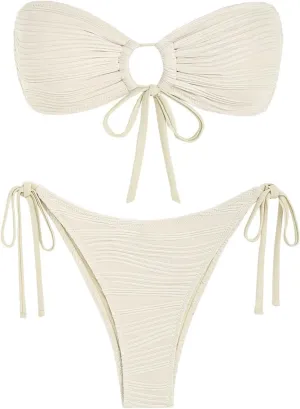 ZAFUL Women's Bandeau Bikini Set O Ring Strapless Swimsuit Tie Side Swimwear Halter Two Piece Bathing Suit
