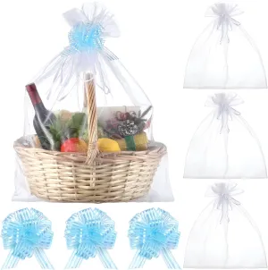 Zeyune 6 Pcs Oversized White Organza Fabric Bags 24 x 30 Inch with Pull Bow Large Organ Gift Wrapping Ribbon Bow 6 Inch Big Pull Bow for Christmas Wedding Birthday Congratulation Gift Basket(Blue)