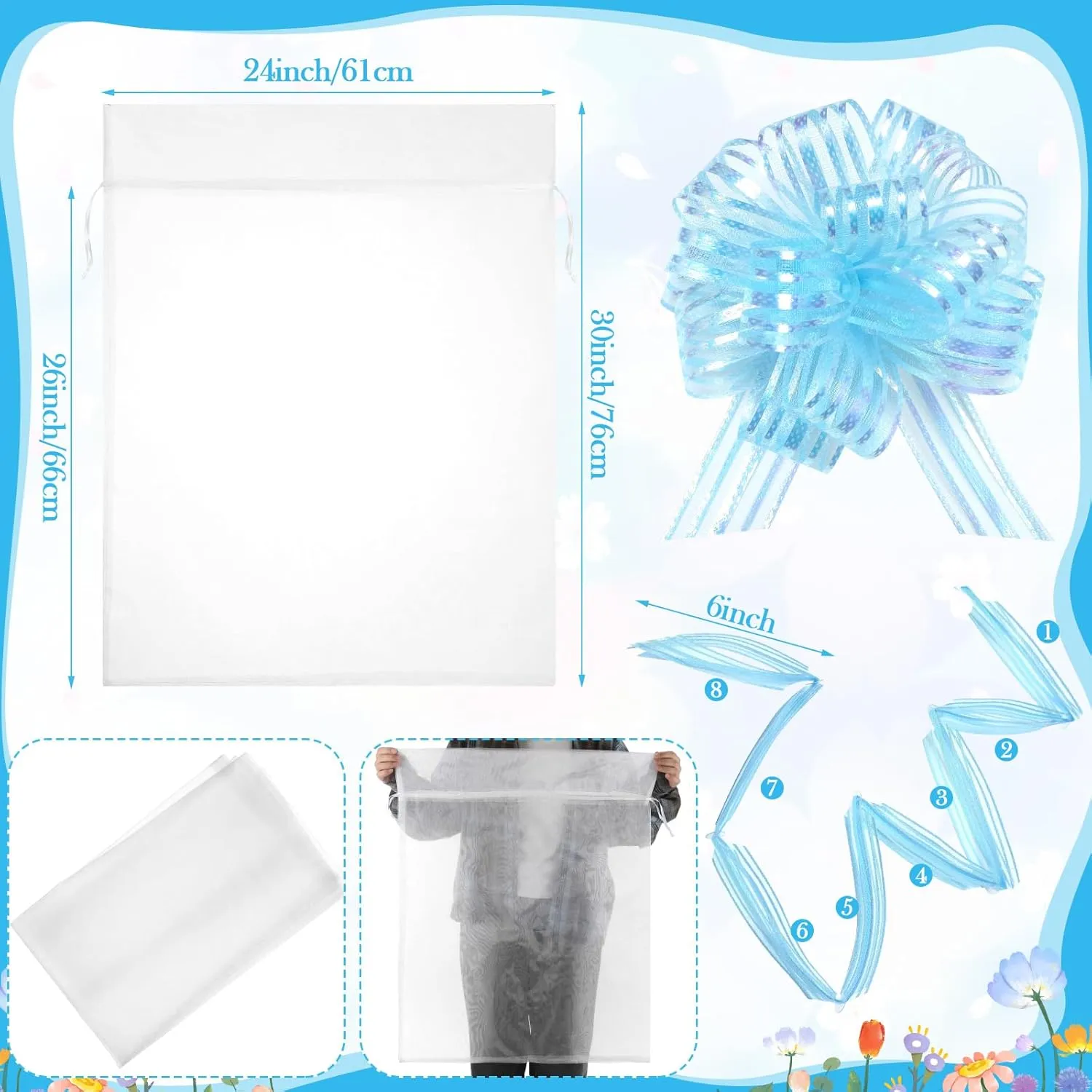 Zeyune 6 Pcs Oversized White Organza Fabric Bags 24 x 30 Inch with Pull Bow Large Organ Gift Wrapping Ribbon Bow 6 Inch Big Pull Bow for Christmas Wedding Birthday Congratulation Gift Basket(Blue)