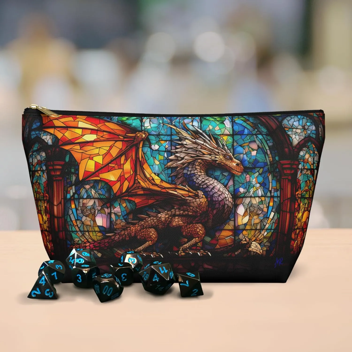 Zippered Dice and Accessory Pouch, Role Player Dice Bag, Dragon Storage Pouch (Stained Glass Dragon)