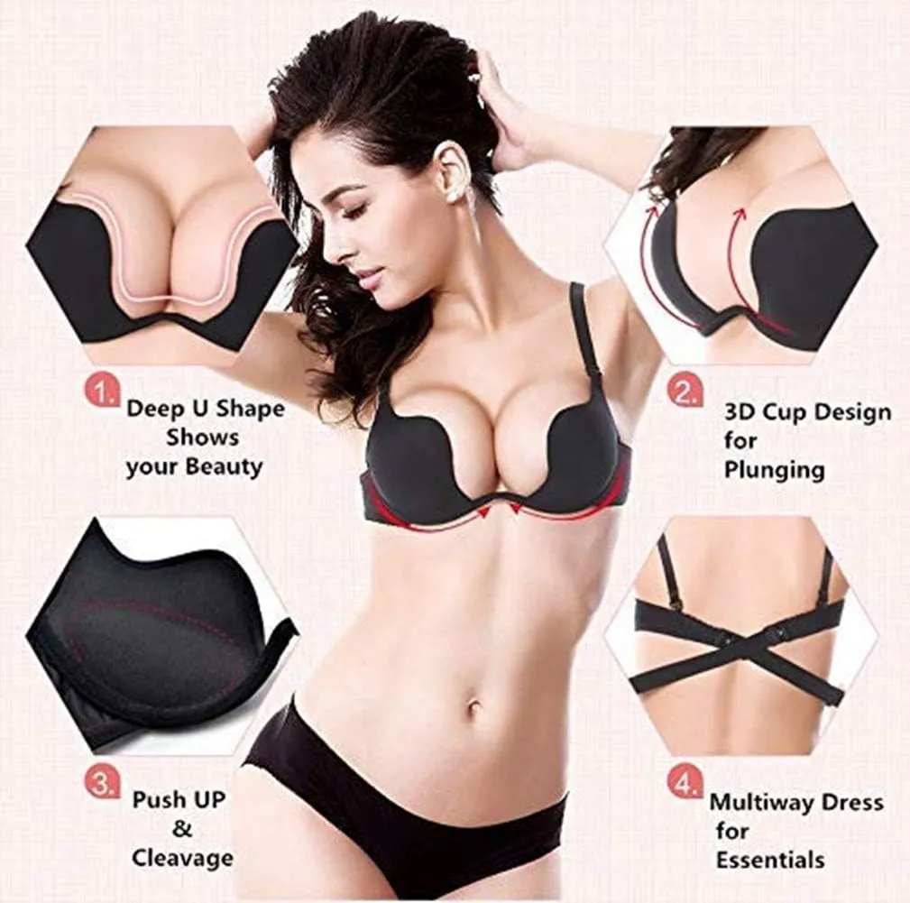 ZUKULIFE Women's Essentials Deep U Multi-Way Push Up Convertible Low Cut Plunge Bra